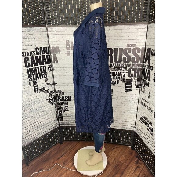 Woman Within 2 PC 2X Navy Perforated Lace Button Collar 3/4 Sleeve Shirt Dress - Picture 3 of 6